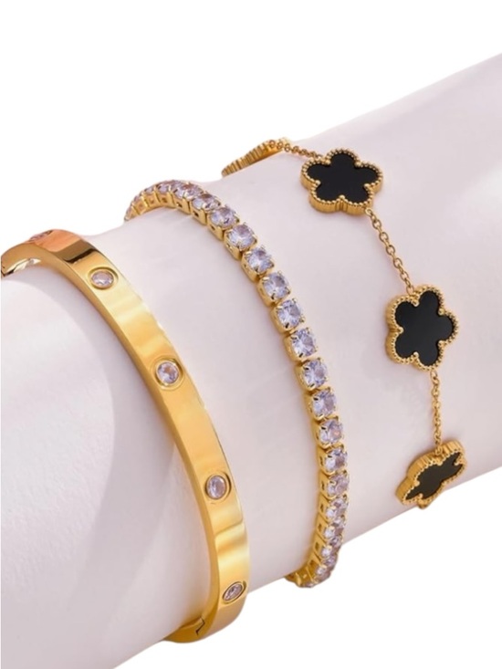 Stackable Flower and tennis Bracelet Set 18K Gold Plated Zirconia Bangle Set